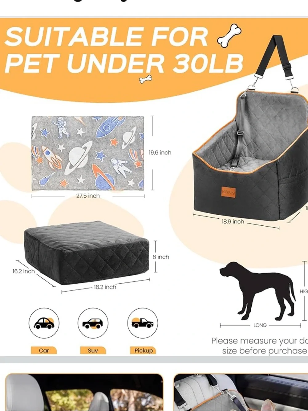 HiPetpy Dog Car Seat/Booster for Dogs up to 30lb, 6